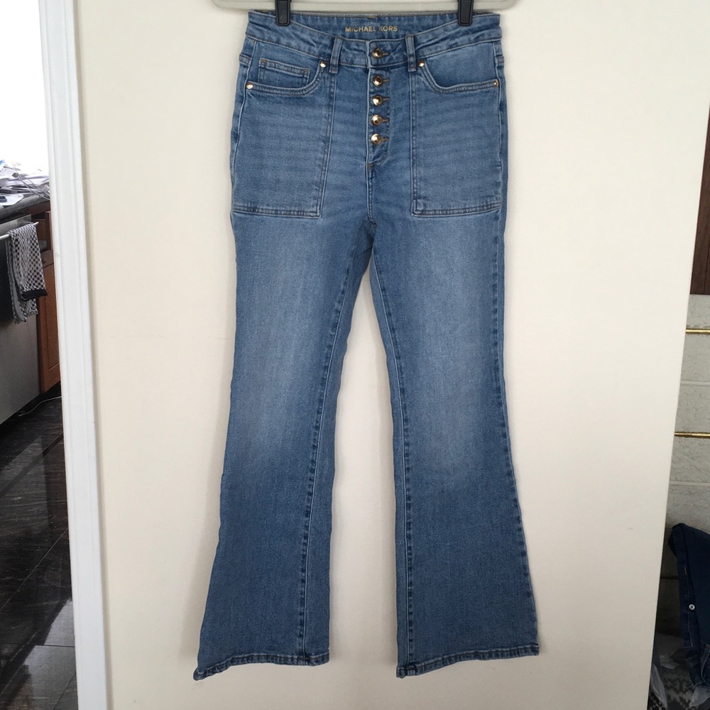 Michael Kors Light Blue High-Rise Flare Jeans with Button-Fly